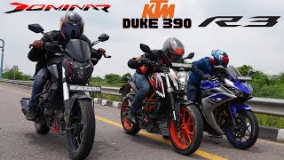 Yamaha R3 vs Duke 390 bs3 vs Dominar 400 Drag Race [upl. by Earesed]