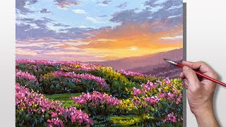 Acrylic Painting Sunset Flower Field [upl. by Ahc]