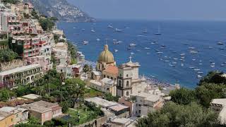 Positano Italy 4k Positano Beach and church view viale pasitea [upl. by Ydnagrub]