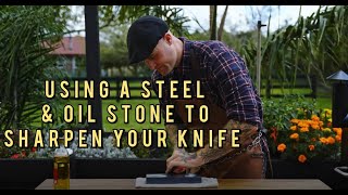 How to use a steel amp sharpen your knife on a oil stone  The Tattooed Butcher [upl. by Yrffej]