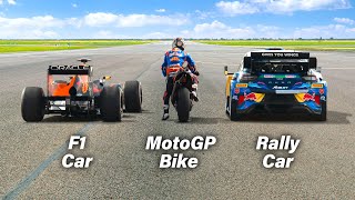 F1 Car vs MotoGP Bike vs Rally Car Ultimate Drag Race [upl. by Silvain]