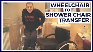 PARAPLEGIC WHEELCHAIR to SHOWER CHAIR Commode Transfer Unassisted [upl. by Leraj]