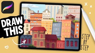 Drawing a Cartoon Cityscape in Procreate [upl. by Nasaj]