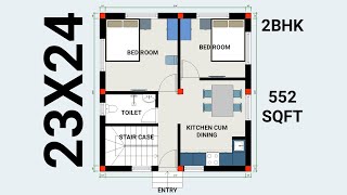 23 X 24 HOUSE PLAN II 23 X 24 BUILDING PLAN II 552 SQFT GHAR KA NAKSHA II 2 BHK HOUSE PLAN [upl. by Brom]