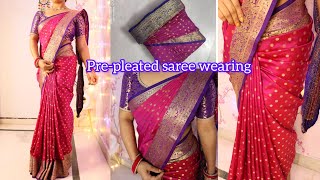 How to drape prepleated saree  how to wear prepleated saree step by step  Easy saree draping [upl. by Ahsir804]