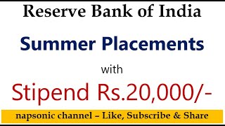 RBI  Summer Placements with Stipend  Apply Immediately [upl. by Apeed340]