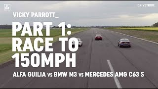 Alfa Giulia Quadrifoglio vs BMW M3 Comp Pack vs MercedesAMG C63 S race to 150mph [upl. by Etoile]