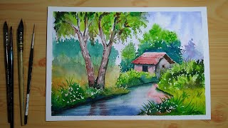 Simple watercolor landscape painting for beginners [upl. by Aicineohp]