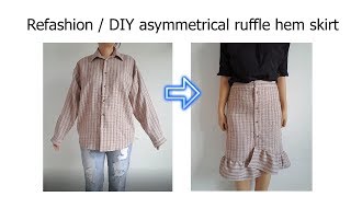 V011 Refashion mens shirt to asymmetrical gingham ruffle skirt  Thrift Flip [upl. by Uht]