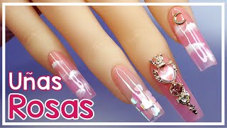 UÑAS ACRÍLICAS BONITAS color ROSA  GELISH y NAIL ART REALISTA y MUY FÁCIL  Tutorial paso a paso [upl. by Adnima]