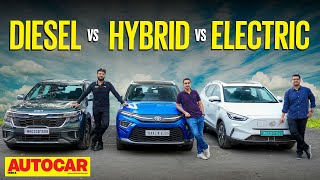 Kia Seltos vs Toyota Hyryder vs MG ZS EV  Diesel Hybrid or Electric  Comparison autocarindia1 [upl. by Ecinrev565]