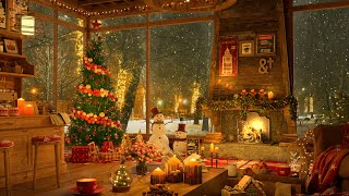 4K Snow Night on Window at Christmas Coffee Shop Ambience ☕ Relaxing Jazz Music to RelaxStudy to [upl. by Donavon]