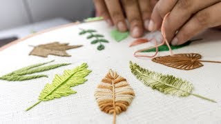 HAND EMBROIDERY FOR BEGINNERS 10 Types of Leaves [upl. by Akli]