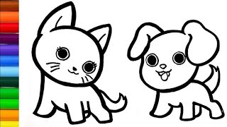 how to draw cute cat and dog  cute cat drawing for kids cute dog drawing [upl. by Zerdna]