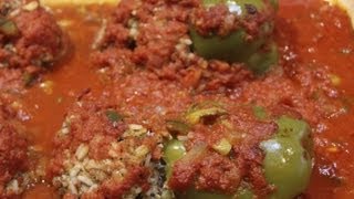 YUMMY STUFFED GREEN PEPPERS IN SAUCE RECIPE  Cheryls Home Cooking [upl. by Mallory139]