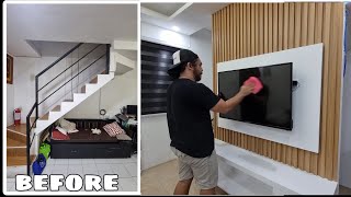 Modern Living Room Transformation How to build TV console with LED Backwall and Wood slat [upl. by Gypsie]