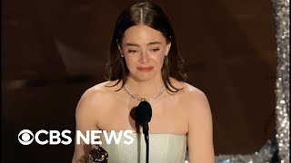 Emma Stone reacts to winning 2024 best actress Oscar quotVery shockedquot [upl. by Namhar]