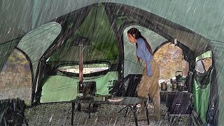 INTERESTING SPACE STATION SHAPED INFLATABLE TENT CAMPING WITH WOODSTOVE IN THE RAIN [upl. by Lleznol]