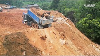 Technique Skills 10 Wheels Trucks Unloading Stone On The Mountains amp Dozer D37E Pushing [upl. by Armat]