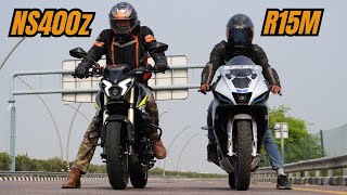 Pulsar NS 400z vs Yamaha R15M  Drag Race  TopEnd Test  Shocking result  🔥 Yamaha power😲 [upl. by Jaycee112]