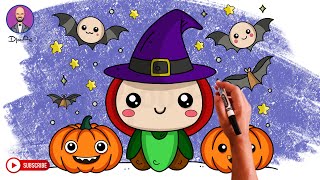 How to Draw a Cute Halloween Witch and Pumpkin with Colors Easily Step by Step  Easy DrawingWitch [upl. by Daisie]