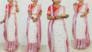 Bengali Traditional Red And White Saree Look For Durga Ashtami Puja  Atpoure Saree Draping [upl. by Niryt]