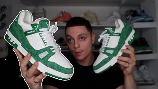 DETAILED LOOK LV Trainer Sneaker Green Review  ON FOOT [upl. by Glialentn]