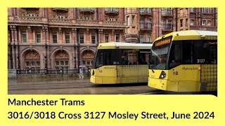 Manchester Metrolink Trams 30163018 Cross 3127 Nr Midland Hotel City [upl. by Jimmie375]