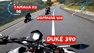 Dominar 400 vs Duke390 V1 vs Yamaha R3 😱🔥  Sábado de Candela en medio cilindraje [upl. by Dorise]