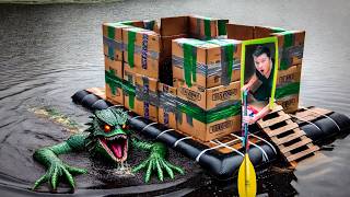 HUNTING THE POND MONSTER WITH OUR BOX FORT ON A LAKE CARDBOARD CRAFTS [upl. by Remde163]