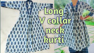 Front Pleated V Collar Neck kurti cutting and stitchingA line kurti design kurtivneckalinekurti [upl. by Yebba]