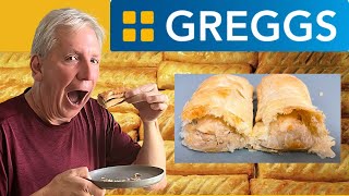 American Tries GREGGS SAUSAGE ROLLS For The First Time AND Also Vegan [upl. by Ikeda]