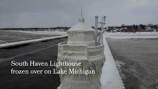 South Haven Lighthouse frozen over on Lake Michigan [upl. by Hesky78]