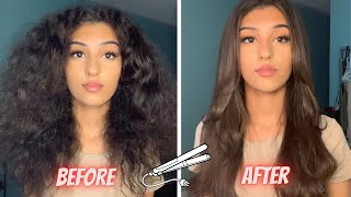 CURLY TO STRAIGHT HAIR HOW TO SLEEK LOOK ON THICK HAIR [upl. by Melisa773]