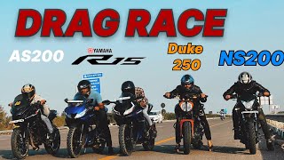 NS 200 VS YAMAHA R15 V3S VS DUKE250 VS AS200DRAG RACE 💥 TOP SPEED COMPARISON RACE [upl. by Otrebmuh189]