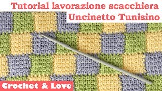 Tutorial uncinetto tunisino  lavorazione a scacchiera per copertine sub Eng y Esp [upl. by Ycniuqed]