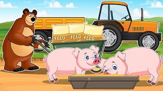 Bear Farmer Transports and Feeds Pigs  Trucks Trailers Cranes  Vehicles Farm Animated [upl. by Adnohral]