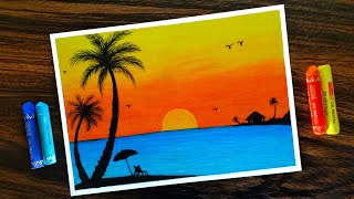 How to draw Sunset Scenery for Beginners with Oil Pastel step by step [upl. by Eidnar]