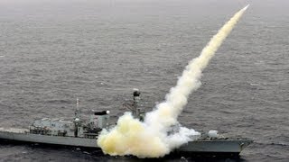 Royal Navy Type 23 Frigate HMS Montrose F236 Fires Harpoon AntiShip Missiles [upl. by Ddahc]