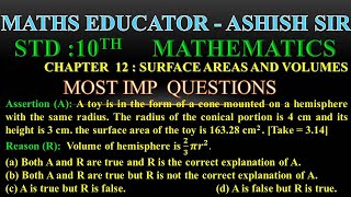 Assertion A A toy is in the form of a cone mounted on a hemisphere with the same radius The rad [upl. by Porett]