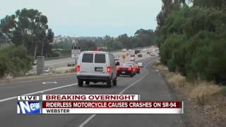 Riderless motorcycle hits vehicles causes crashes on San Diego freeway [upl. by Eedya967]