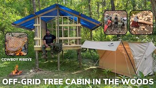 Solo Overnight Building an OffGrid Tree Elevated Cabin in the Wilderness and Cowboy Ribeye [upl. by Acimat]