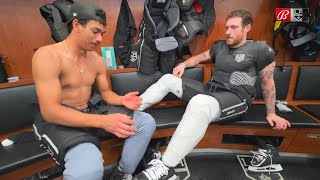 Quinton Byfield helps PierreLuc Dubois with his skate laces [upl. by Nilak282]