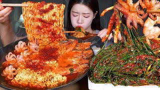 ASMR MUKBANG  매운 파김치 담근 날🔥 얼큰 해물라면 ★ 낚시한 쭈꾸미 대하 라밥까지 먹방 Octopus Shrimp Ramen amp Green Onion Kimchi [upl. by Sundberg]