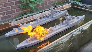 Wooden Model Ship On Fire And Sinking Cruiser Danae Versus Cruiser Principe Alfonso [upl. by Edora]