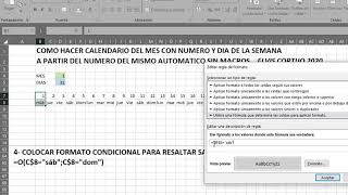 Excel Calendario Mensual Automatico con el Numero del Mes Muestra Dias de la Semana SAB y DOM [upl. by Stauder]