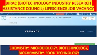 BIRAC BIOTECHNOLOGY INDUSTRY RESEARCH ASSISTANCE COUNCIL LIFESCIENCE JOB VACANCY [upl. by Willumsen]