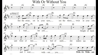 WITH OR WITHOUT YOU  U2 for flute or violin Sheet MusicPlay Sing AlongLyricsBacking Track [upl. by Atenahs]