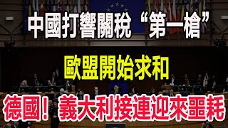 中國打響關稅“第一槍”，歐盟開始求和，德國！義大利接連迎來噩耗 [upl. by Maxy]