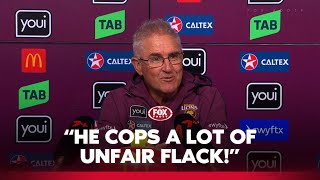 quotHe cops a lot of unfair flackquot Fagan defends star ✊  Lions press conference  Fox Footy [upl. by Ennovoj425]